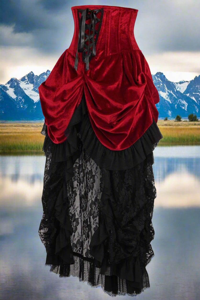 Dark Red Velvet Victorian Bustle Under Bust Corset Dress