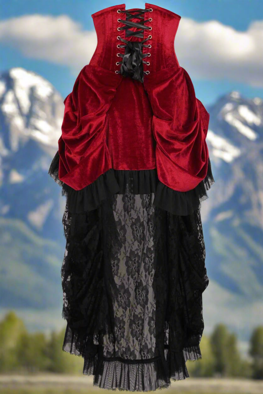 Dark Red Velvet Victorian Bustle Under Bust Corset Dress