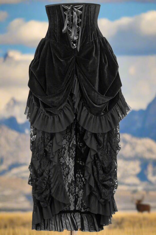 Black Velvet Victorian Bustle Under Bust Corset Dress