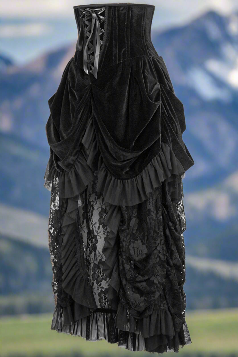 Black Velvet Victorian Bustle Under Bust Corset Dress