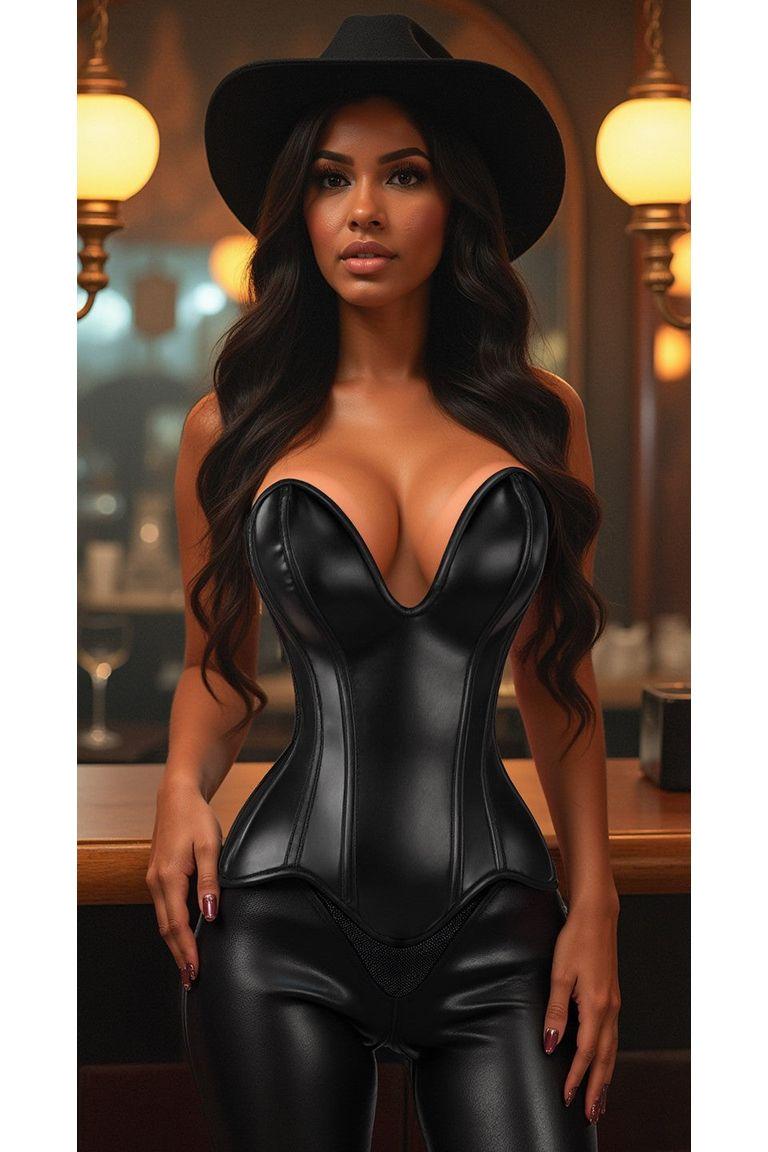 Steel Boned Black Faux Leather Plunge Neckline Over Bust Corset