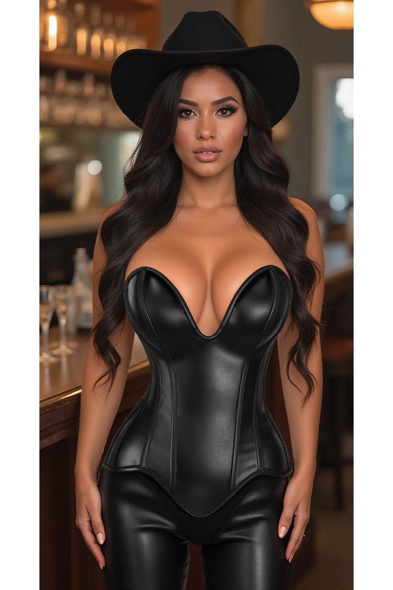 Steel Boned Black Faux Leather Plunge Neckline Over Bust Corset