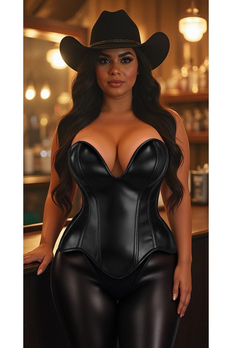 Steel Boned Black Faux Leather Plunge Neckline Over Bust Corset