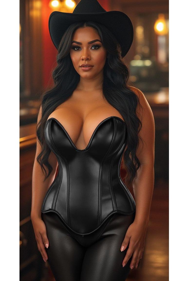 Steel Boned Black Faux Leather Plunge Neckline Over Bust Corset