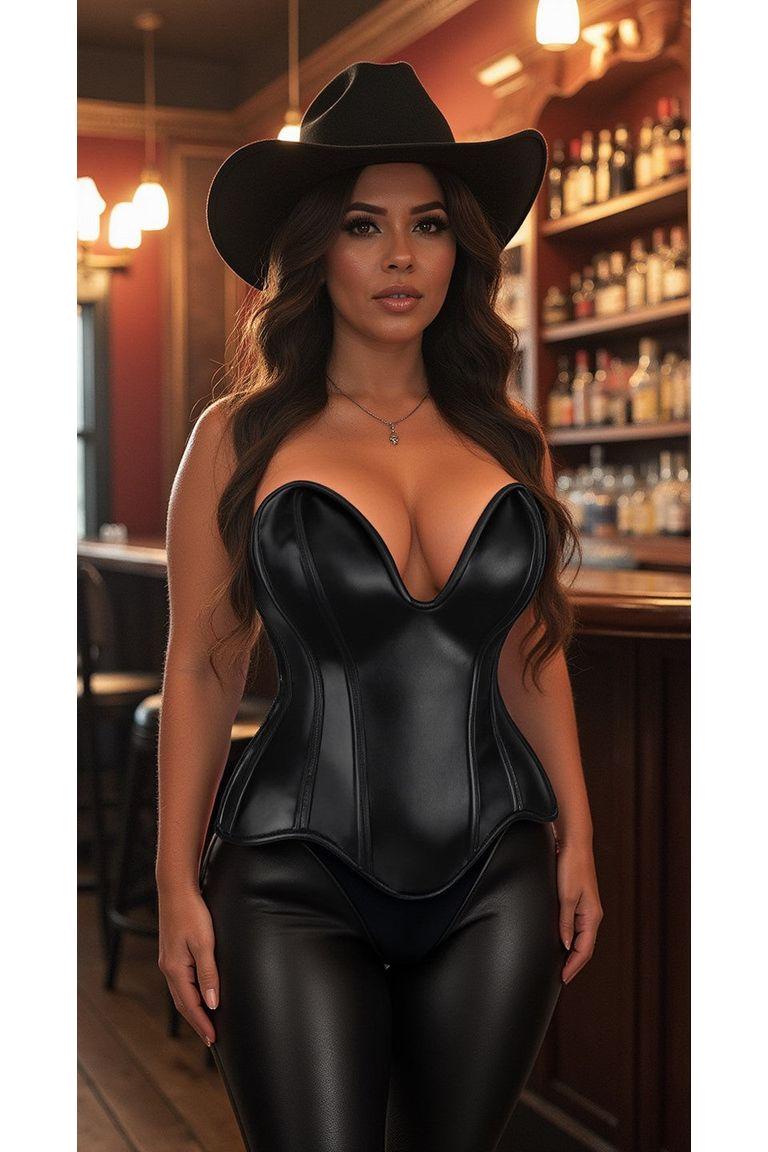 Steel Boned Black Faux Leather Plunge Neckline Over Bust Corset