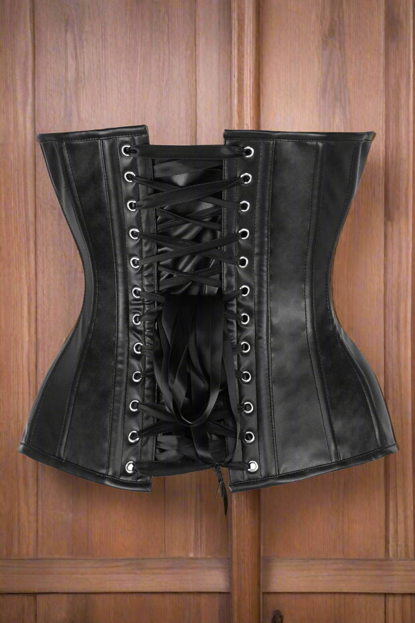 Steel Boned Black Faux Leather Plunge Neckline Over Bust Corset