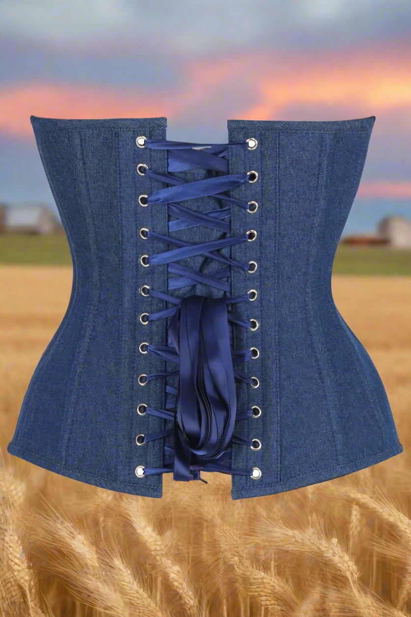 Steel Boned Dark Blue Denim Plunge Neckline Over Bust Corset