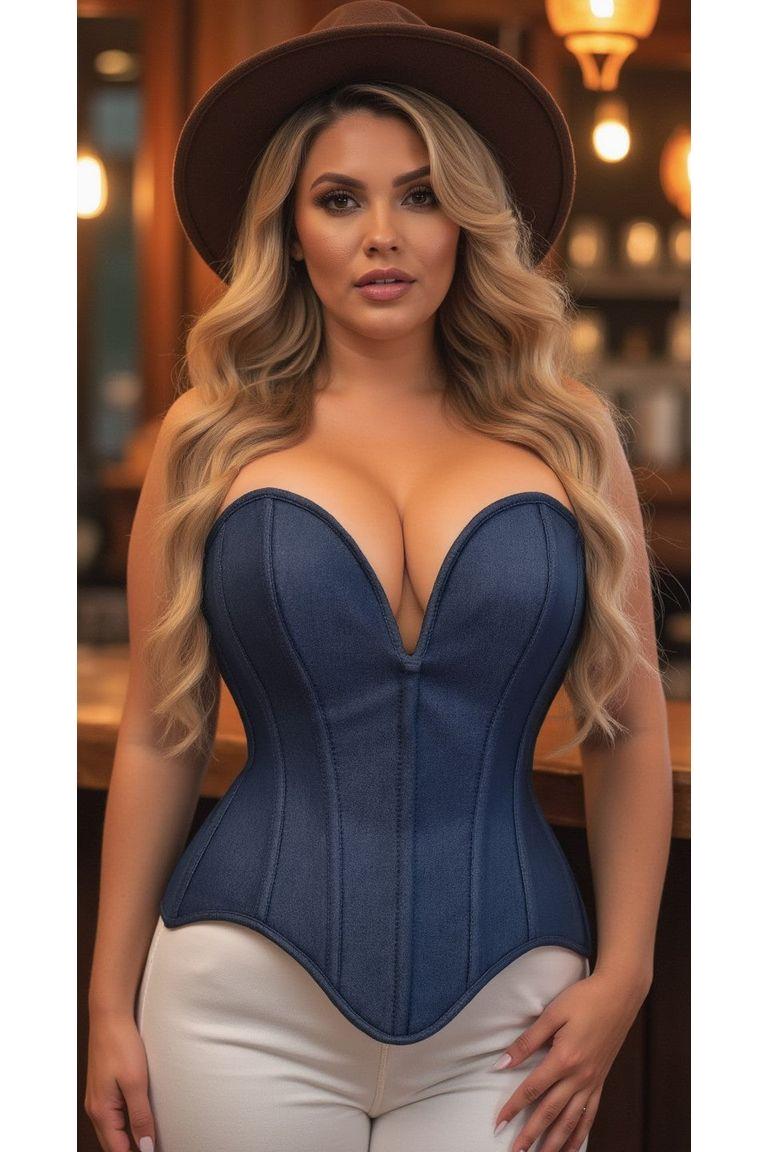 Steel Boned Dark Blue Denim Plunge Neckline Over Bust Corset