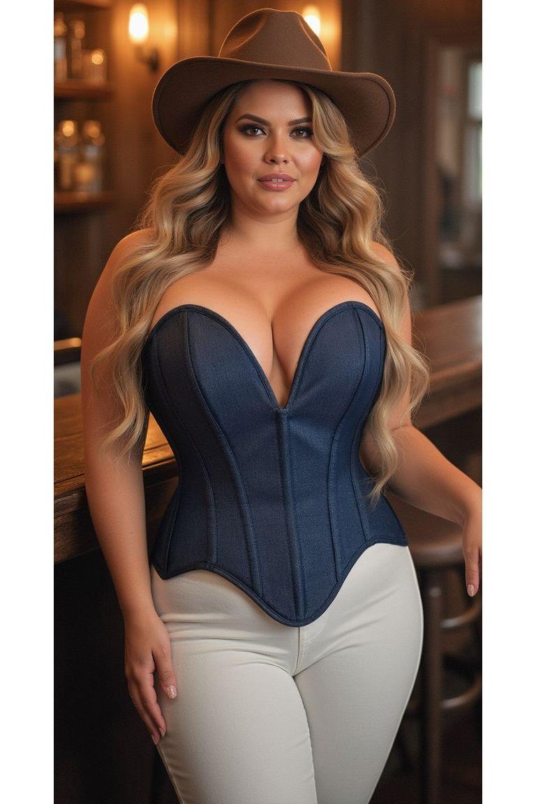 Steel Boned Dark Blue Denim Plunge Neckline Over Bust Corset