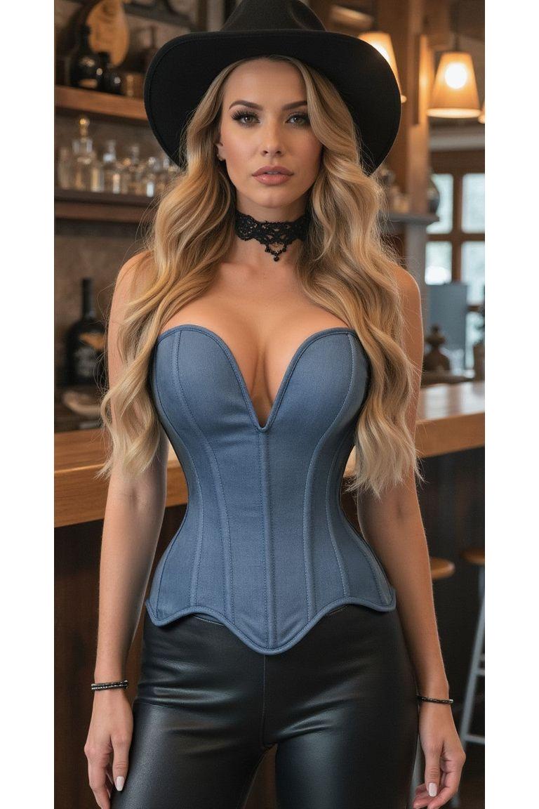 Steel Boned Blue Denim Plunge Neckline Over Bust Corset