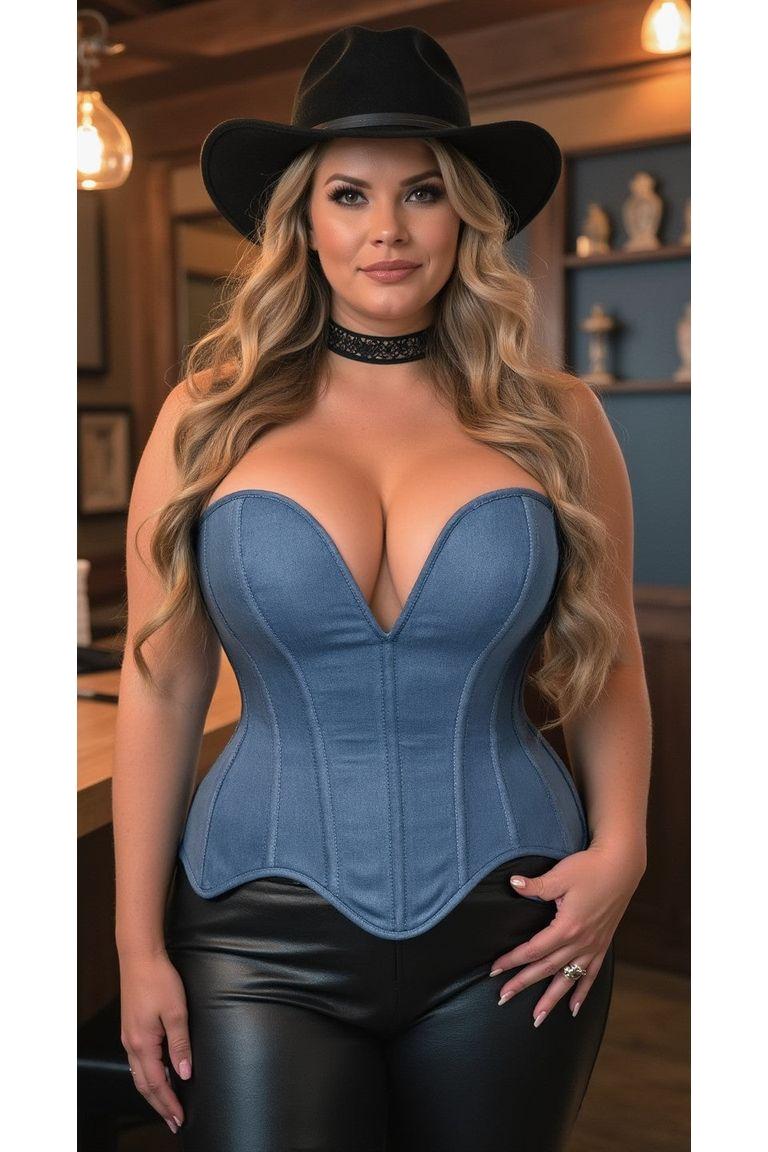 Steel Boned Blue Denim Plunge Neckline Over Bust Corset