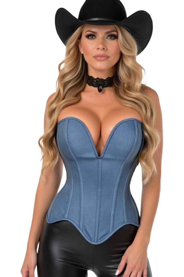 Steel Boned Blue Denim Plunge Neckline Over Bust Corset