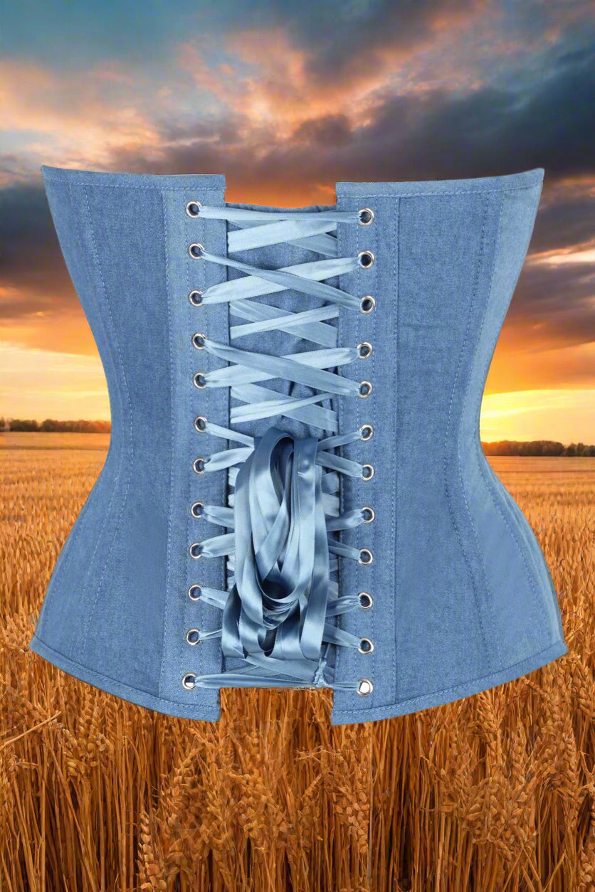 Steel Boned Blue Denim Plunge Neckline Over Bust Corset
