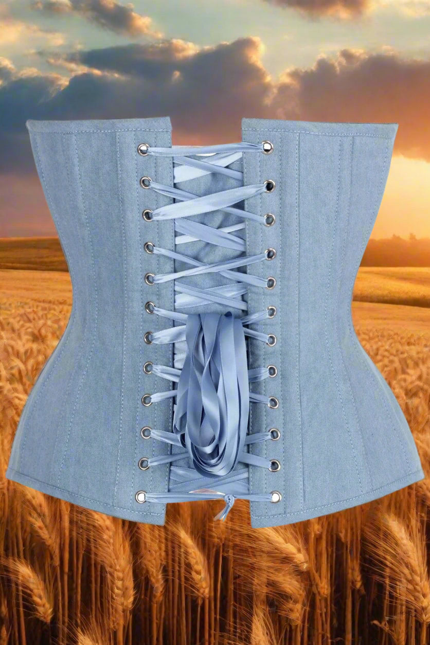 Steel Boned Light Blue Denim Plunge Neckline Over Bust Corset