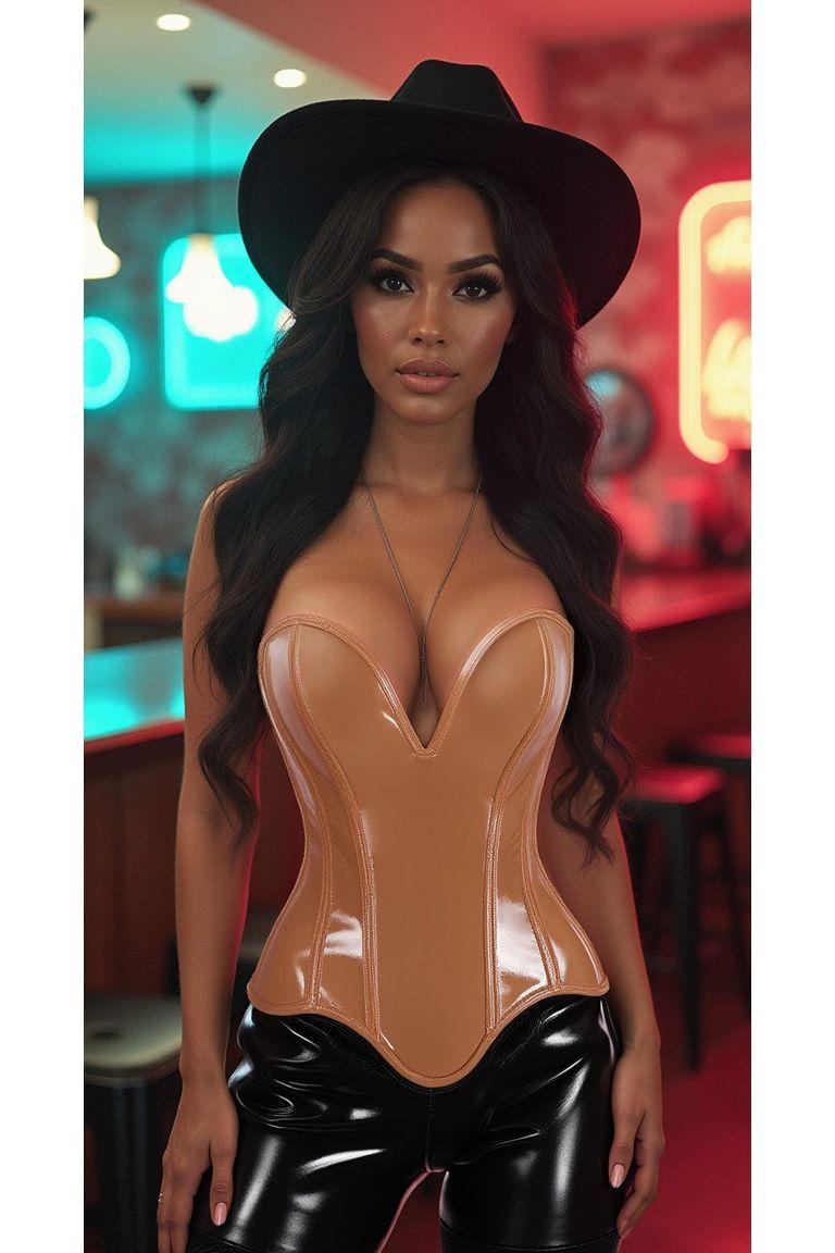 Steel Boned Caramel Faux Leather Plunge Neckline Over Bust Corset