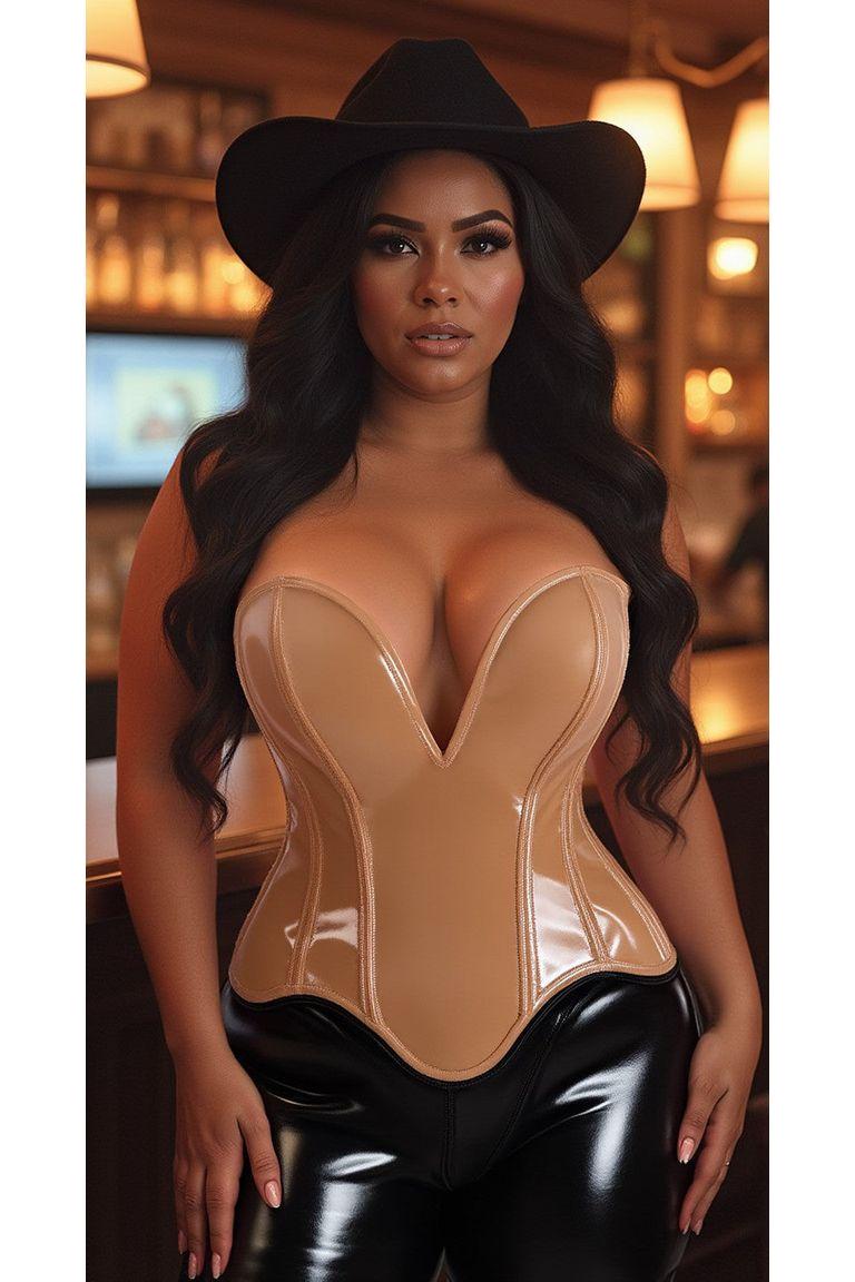 Steel Boned Caramel Faux Leather Plunge Neckline Over Bust Corset