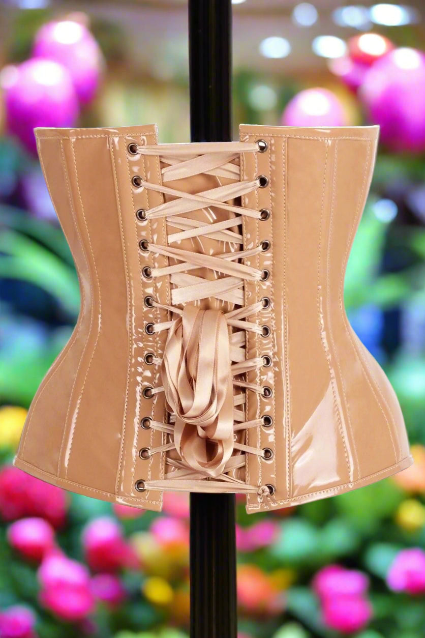 Steel Boned Caramel Faux Leather Plunge Neckline Over Bust Corset