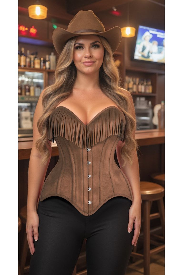 Suede Steel Boned Over Bust Corset with Fringe