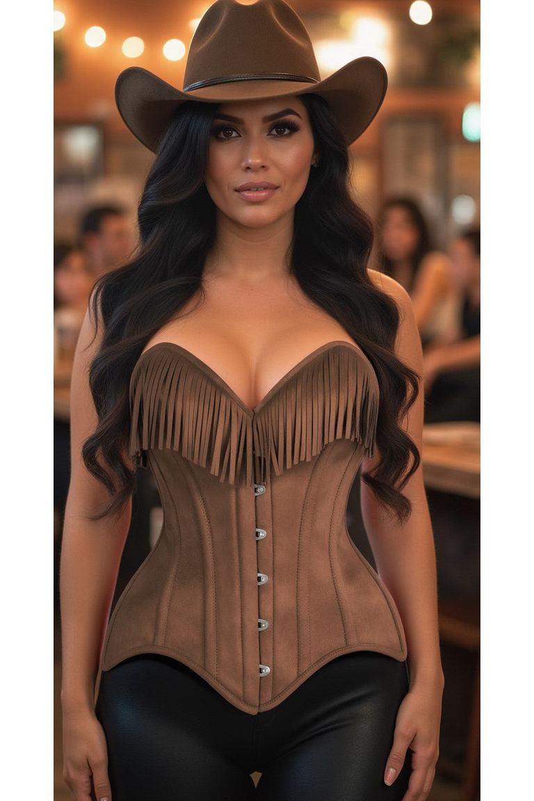 Suede Steel Boned Over Bust Corset with Fringe