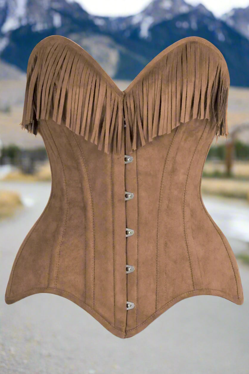 Suede Steel Boned Over Bust Corset with Fringe