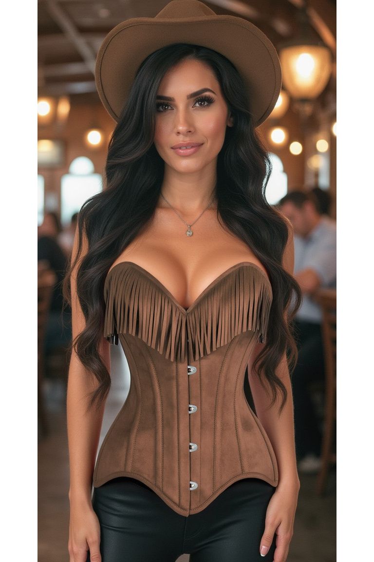 Suede Steel Boned Over Bust Corset with Fringe
