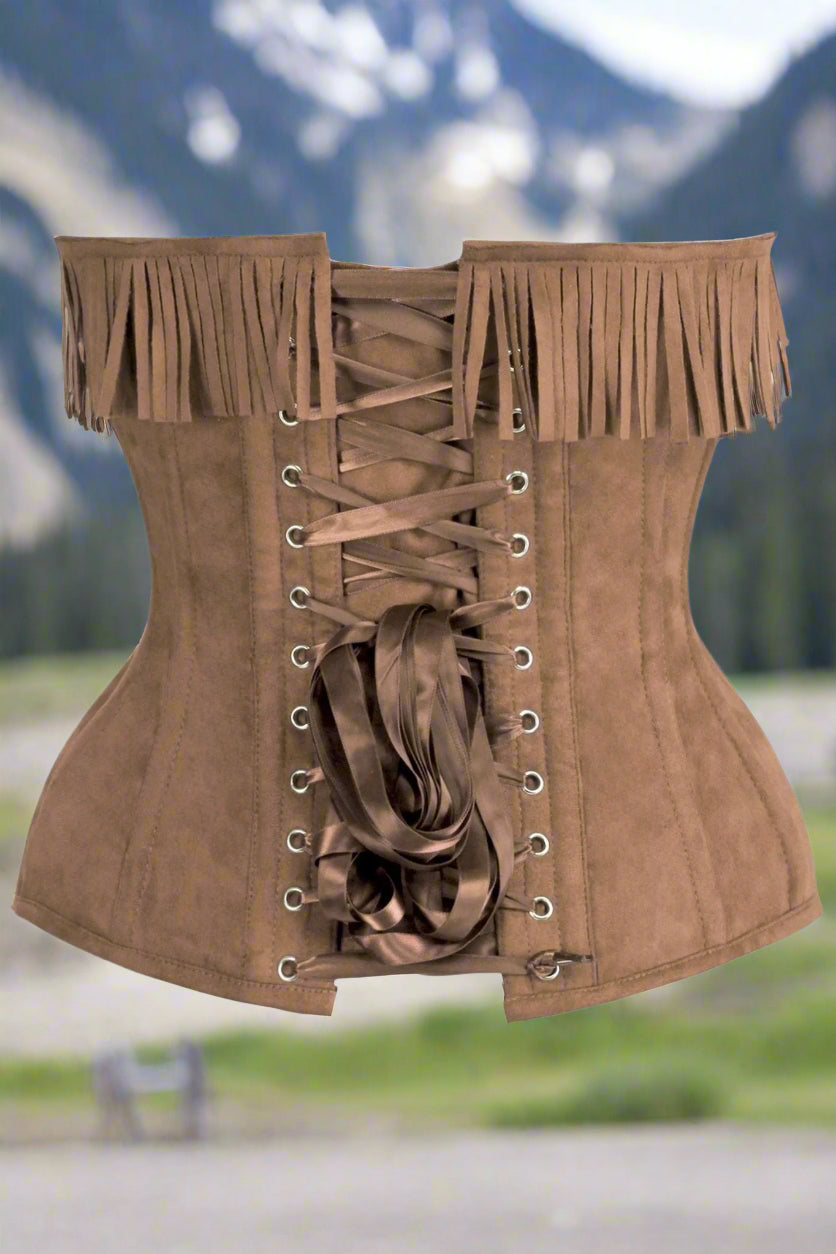 Suede Steel Boned Over Bust Corset with Fringe