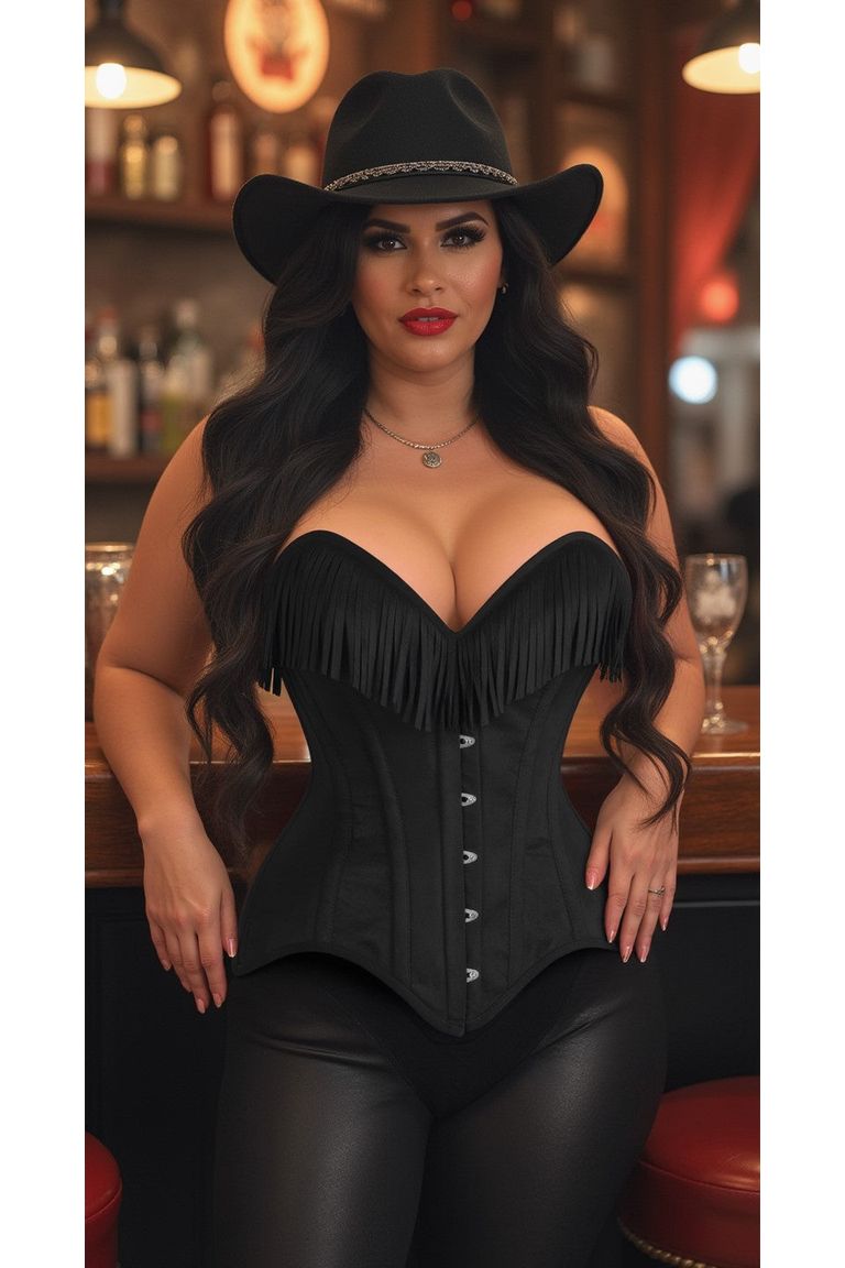 Black Suede Steel Boned Over Bust Corset with Fringe