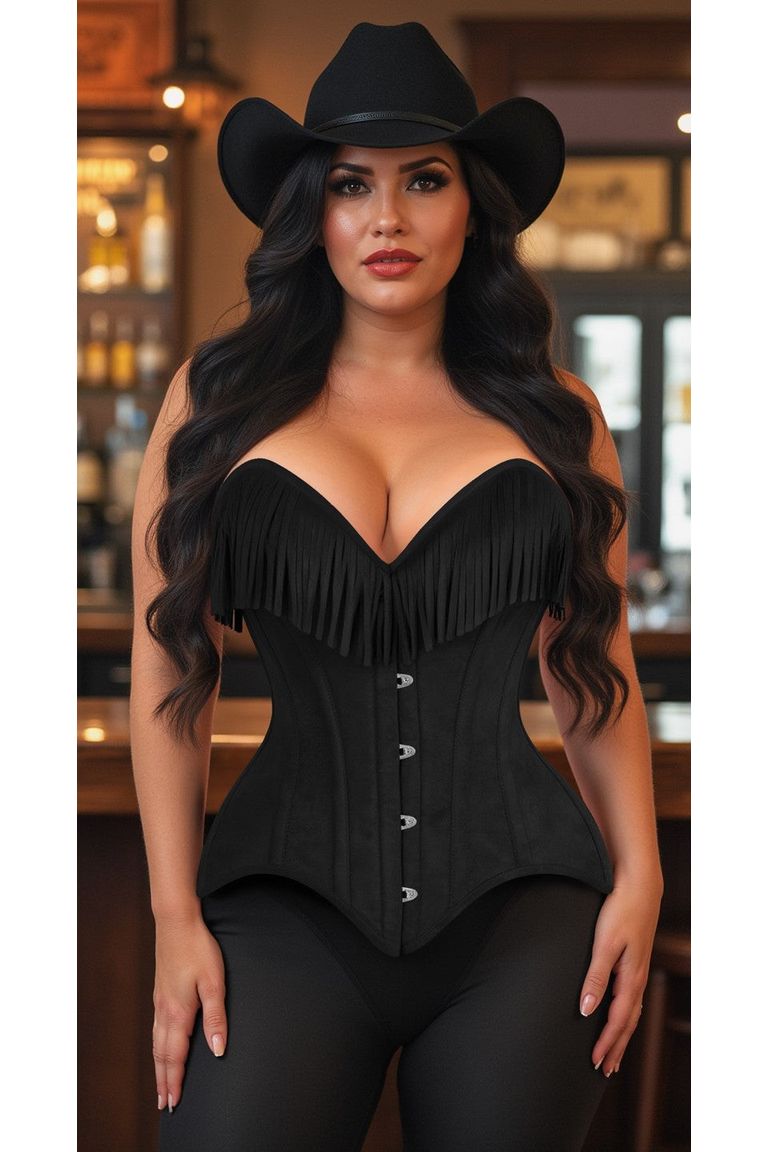 Black Suede Steel Boned Over Bust Corset with Fringe