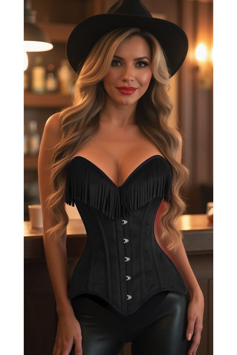 Black Suede Steel Boned Over Bust Corset with Fringe