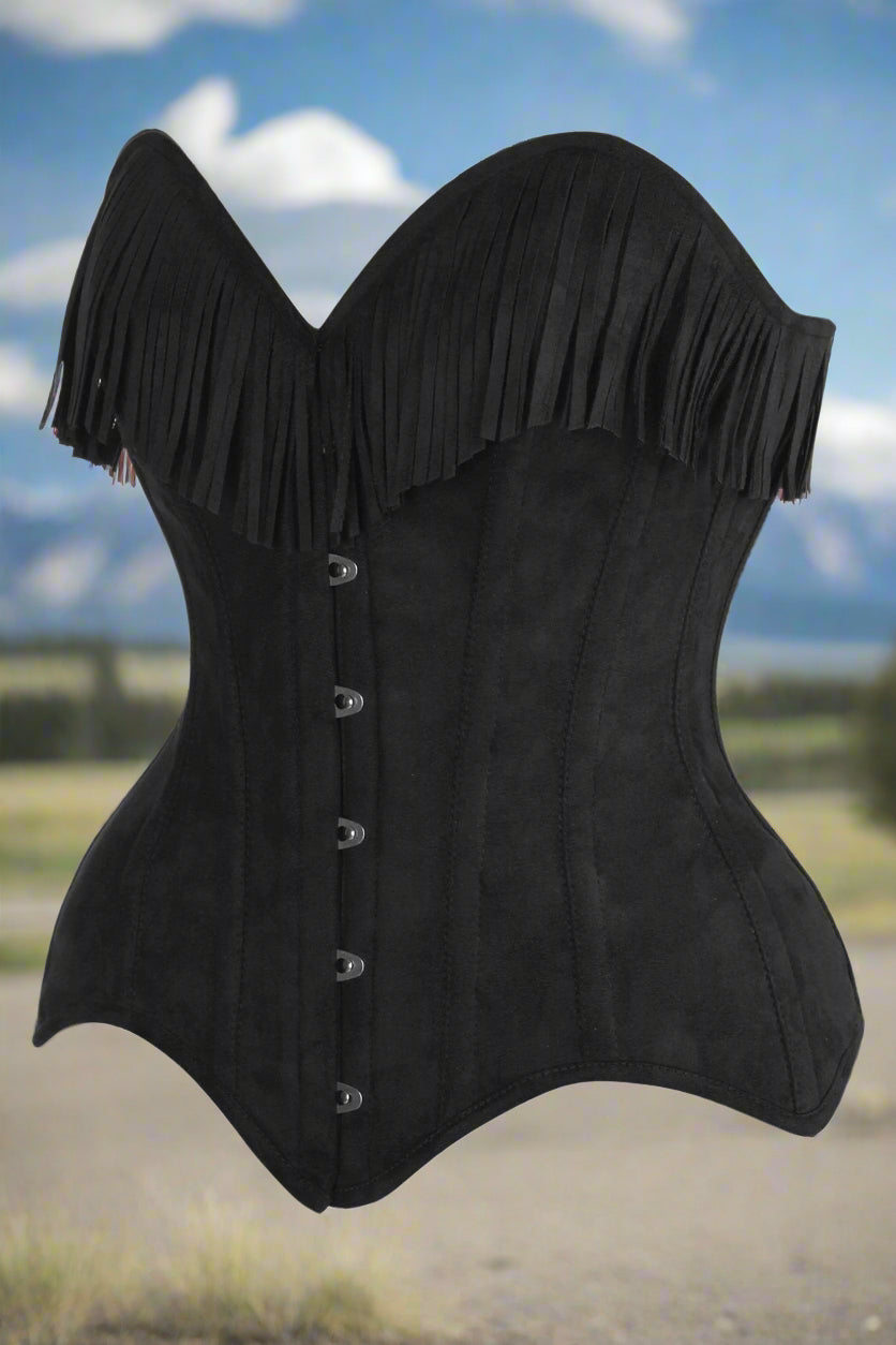 Black Suede Steel Boned Over Bust Corset with Fringe