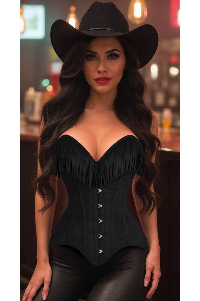 Black Suede Steel Boned Over Bust Corset with Fringe