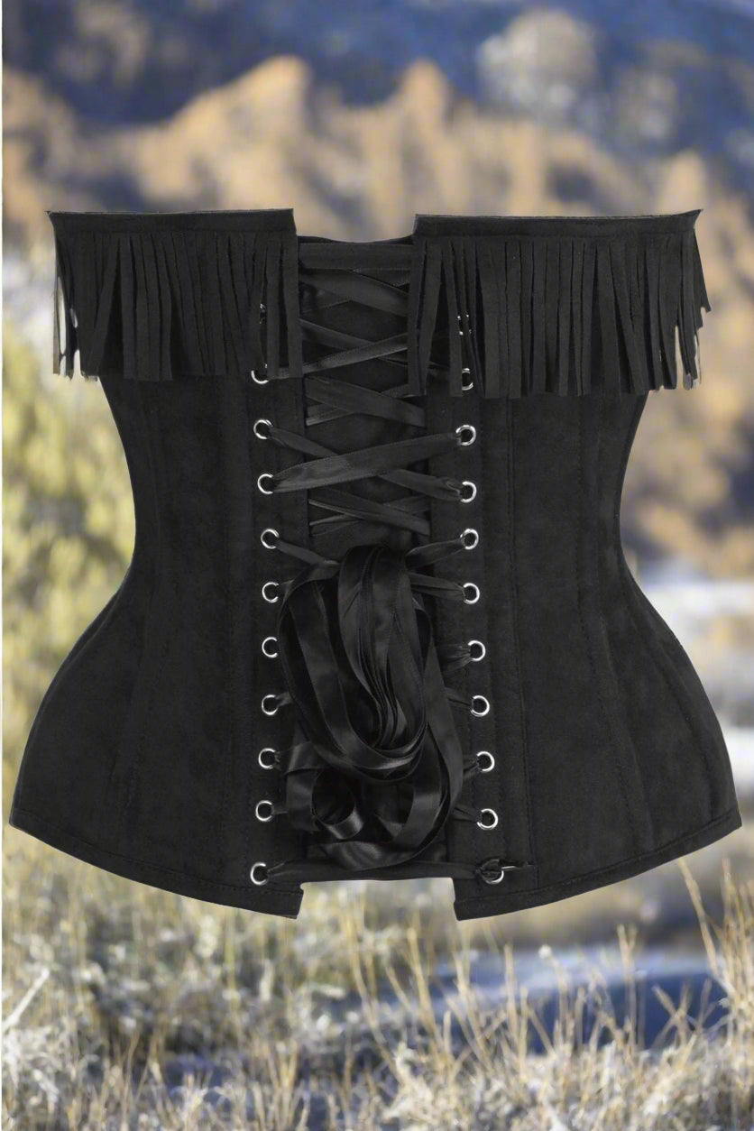 Black Suede Steel Boned Over Bust Corset with Fringe