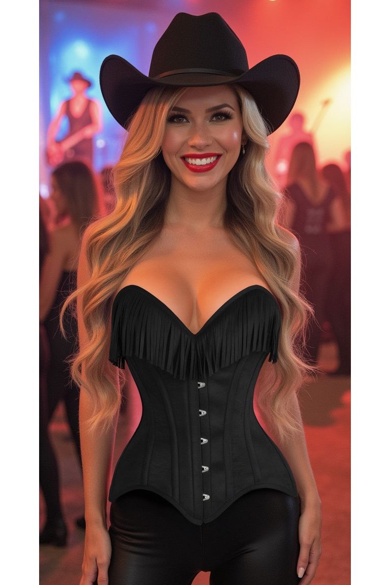 Black Suede Steel Boned Over Bust Corset with Fringe