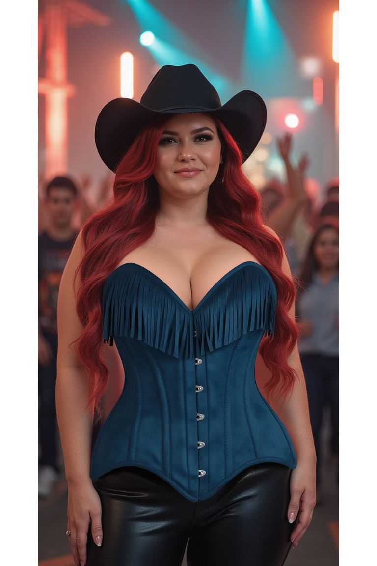 Blue Suede Steel Boned Over Bust Corset with Fringe