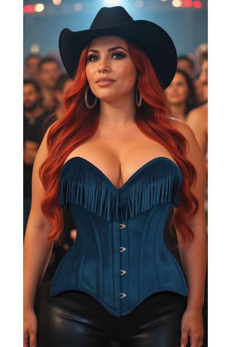 Blue Suede Steel Boned Over Bust Corset with Fringe