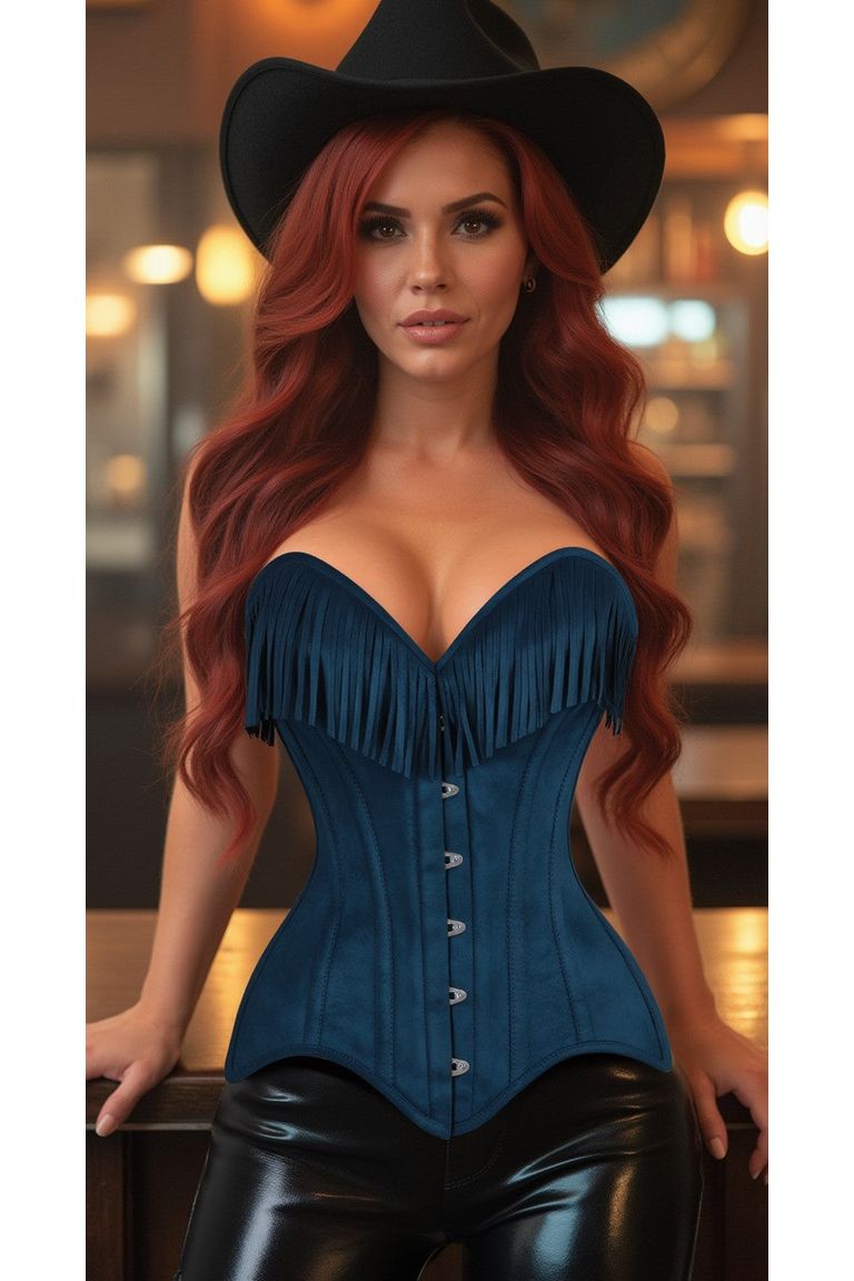 Blue Suede Steel Boned Over Bust Corset with Fringe