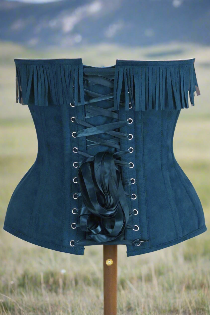 Blue Suede Steel Boned Over Bust Corset with Fringe