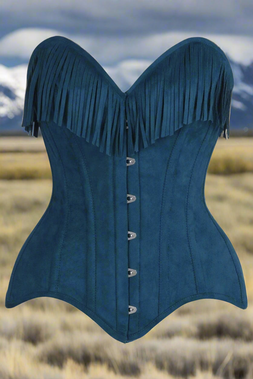 Blue Suede Steel Boned Over Bust Corset with Fringe