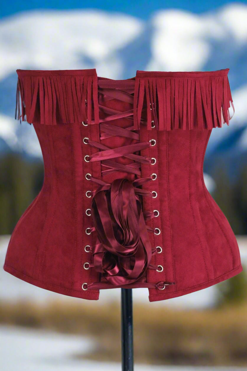 Red Suede Steel Boned Over Bust Corset with Fringe