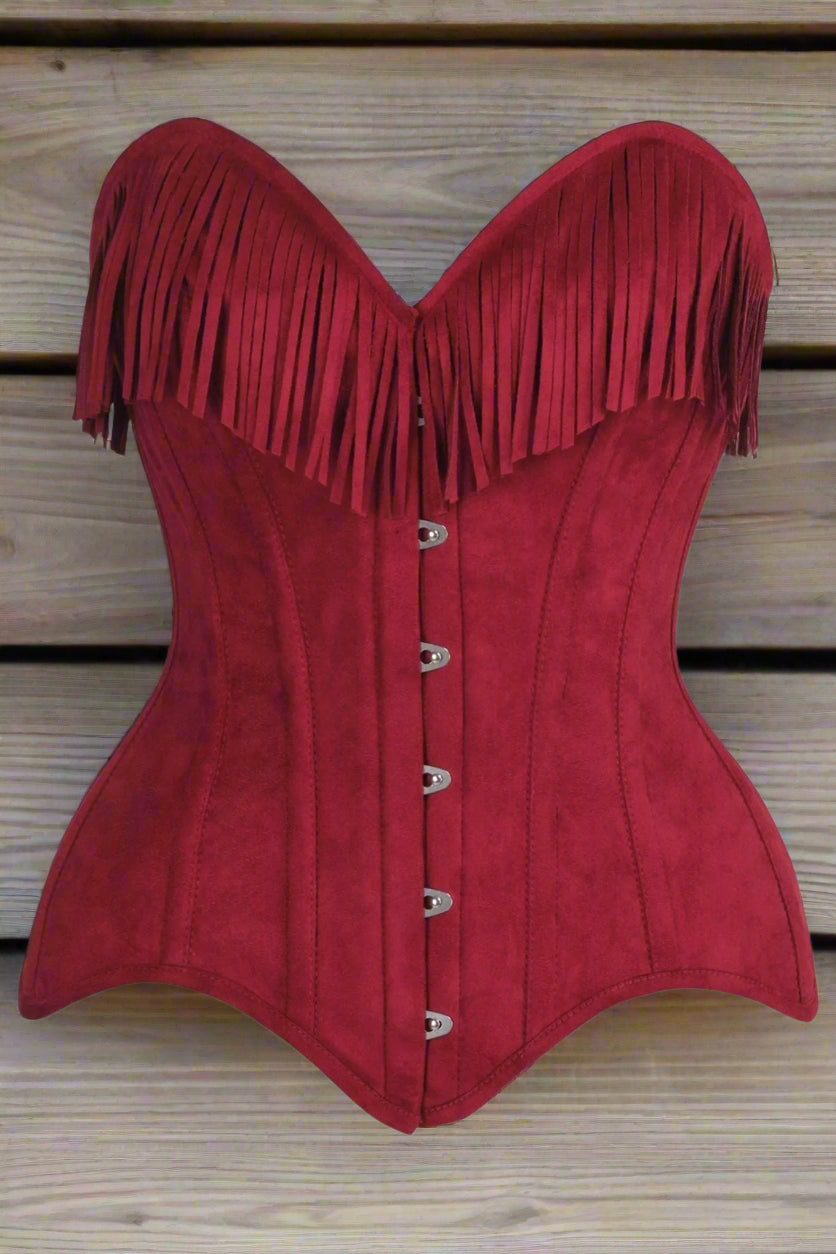 Red Suede Steel Boned Over Bust Corset with Fringe