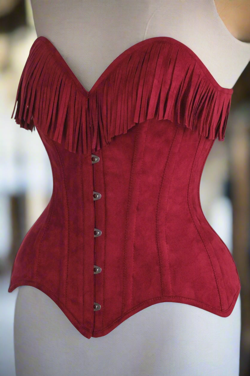 Red Suede Steel Boned Over Bust Corset with Fringe