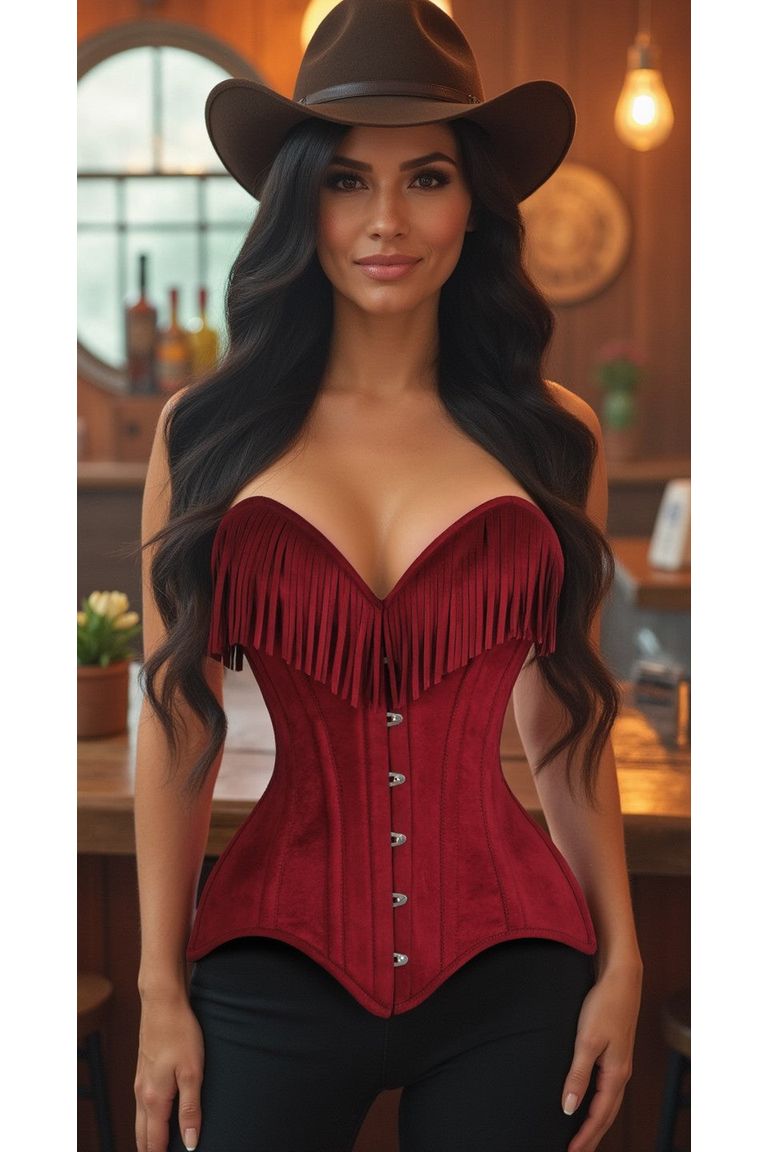 Red Suede Steel Boned Over Bust Corset with Fringe