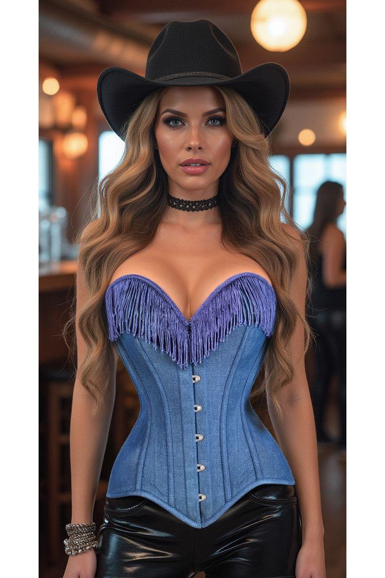 Blue Denim Steel Boned Over Bust Corset