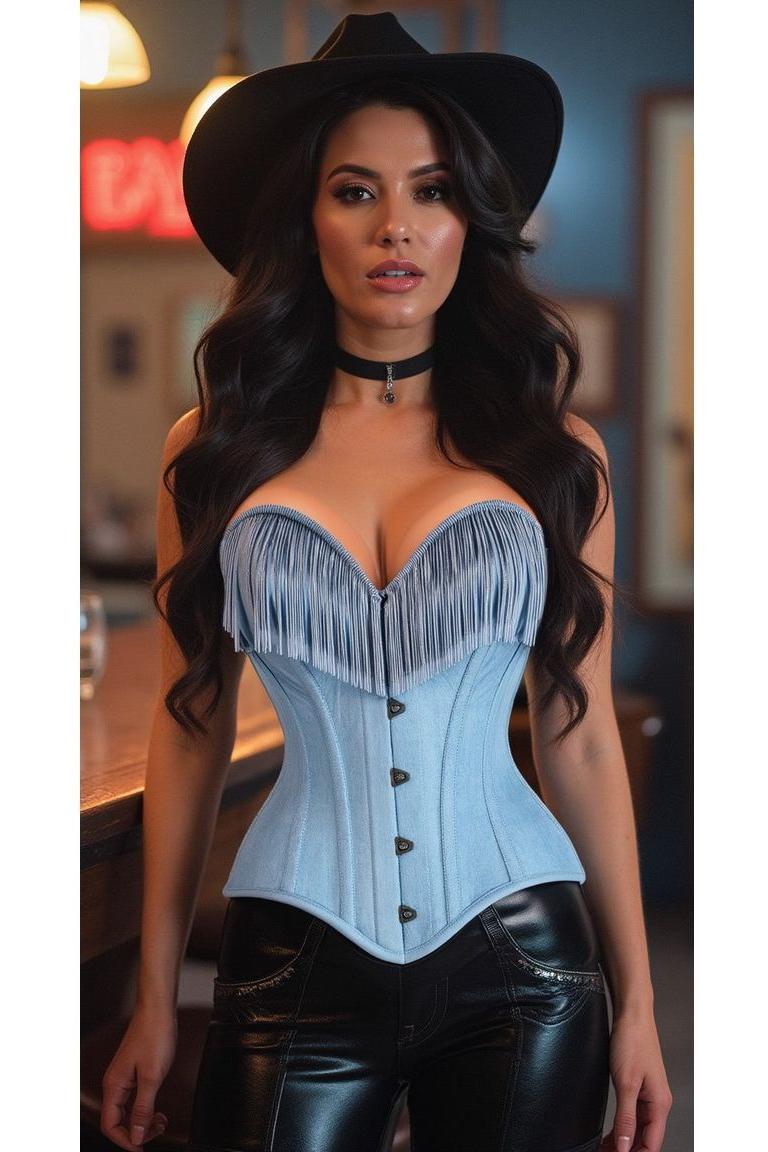 Light Blue Denim Steel Boned Over Bust Corset