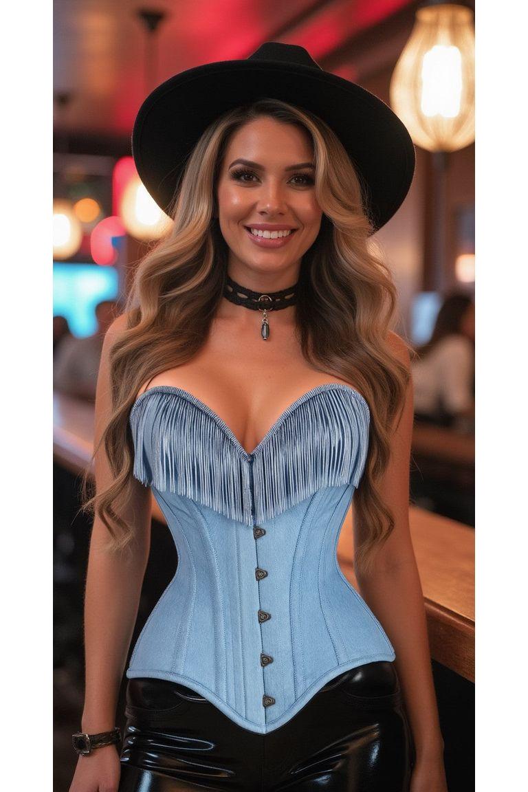 Light Blue Denim Steel Boned Over Bust Corset