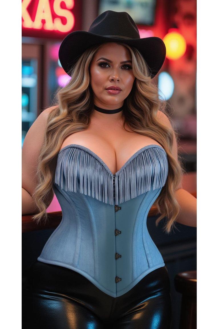 Light Blue Denim Steel Boned Over Bust Corset