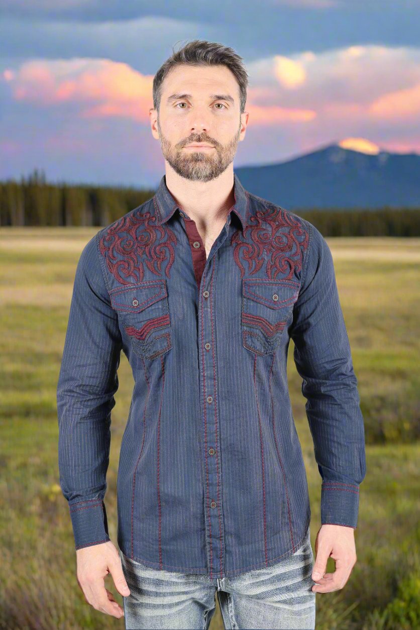 Mens Vintage Washed 2 Tone Embroidery Modern Fit Stretch Shirt