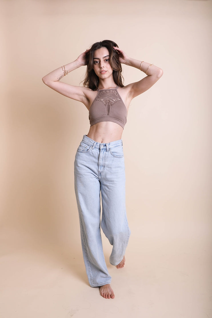 Seamless High-Neck Strappy Back Brami by LETO in 8 Color Choices Mocha XS S
