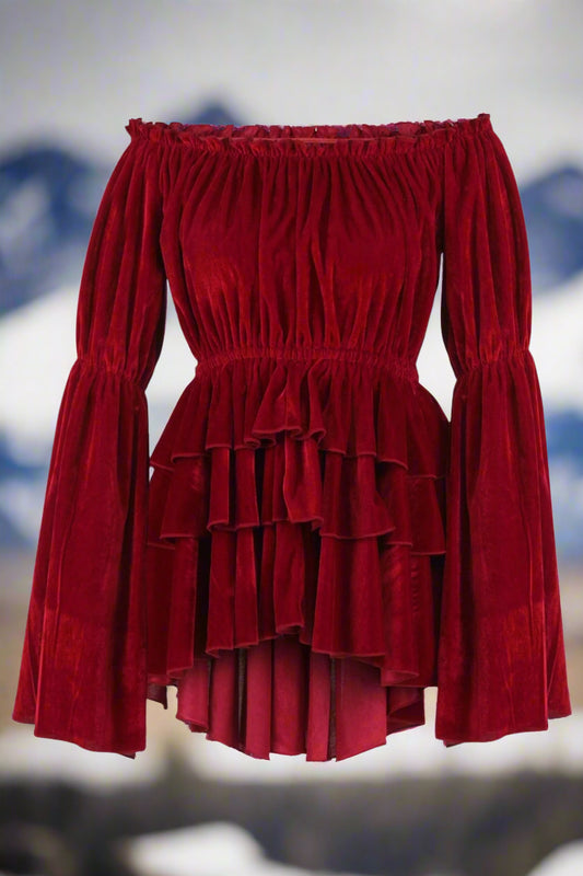 Dark Red Velvet Ruffle Dress