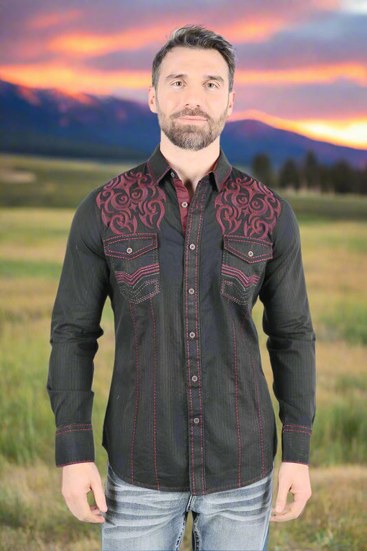 Mens Vintage Washed 2 tone Embroidery Modern Fit Stretch Shirt